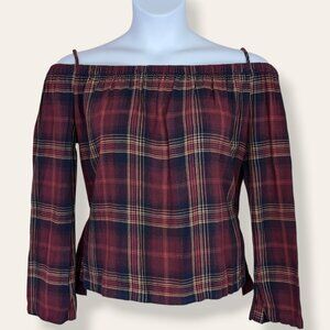 Cloth & Stone Red Plaid Off-Shoulder Top